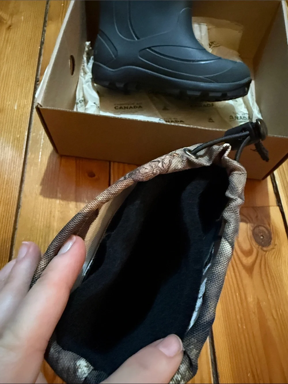 Insulated Black Rubber Hunting Boots with Camo Trim